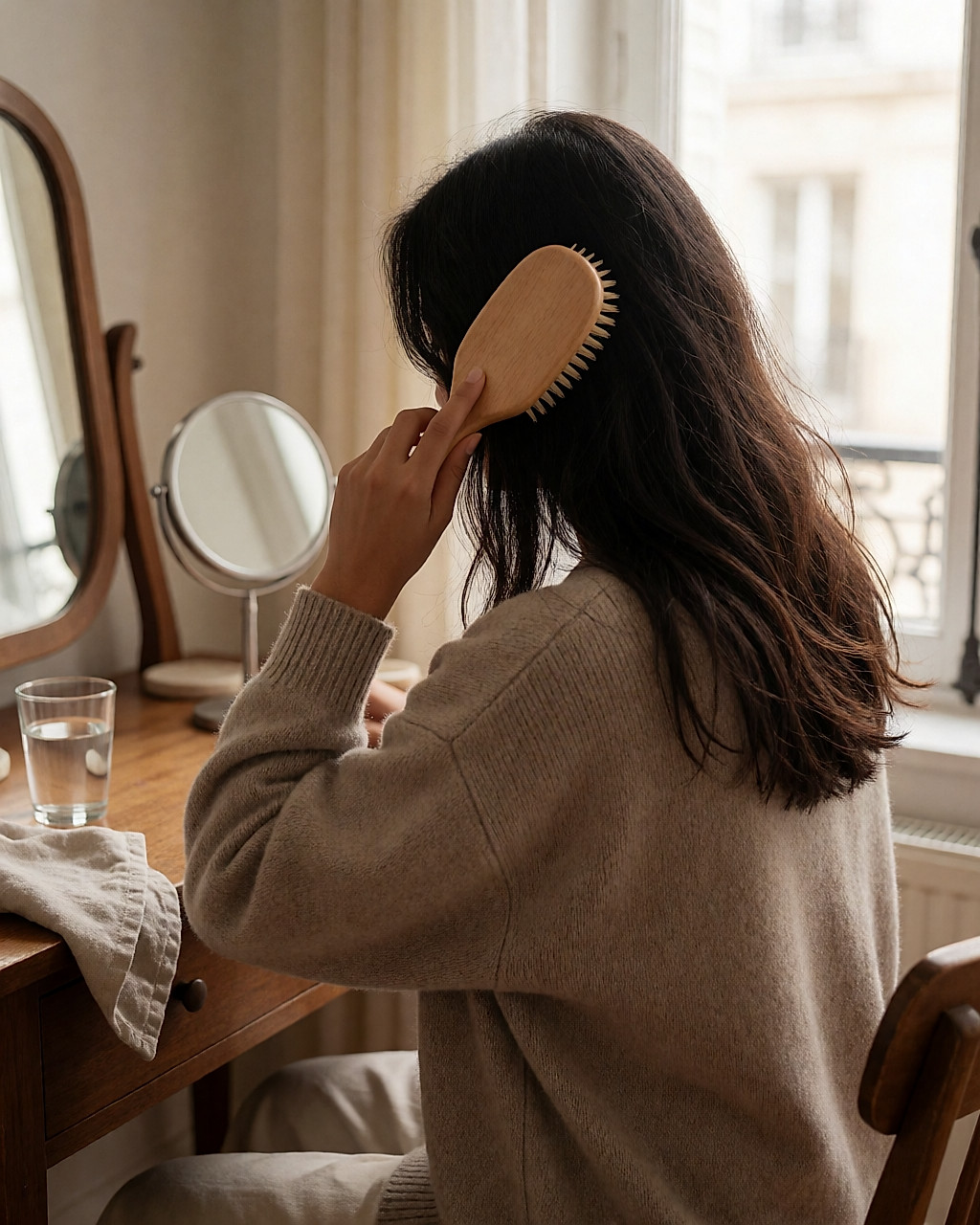 Vue de trois-quarts arrière d'une jeune femme brossant ses racines avec une brosse souple, fine poussière blanche visible