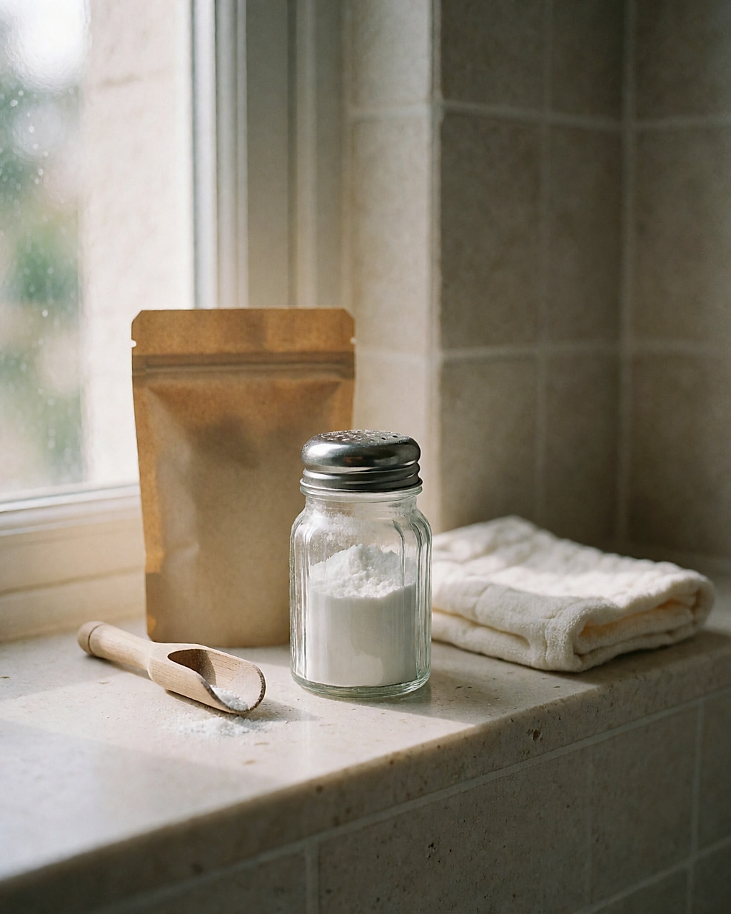 Pot en verre de poudre libre pour cheveux posé sur une étagère de pierre avec un sachet kraft et une cuillère en bois
