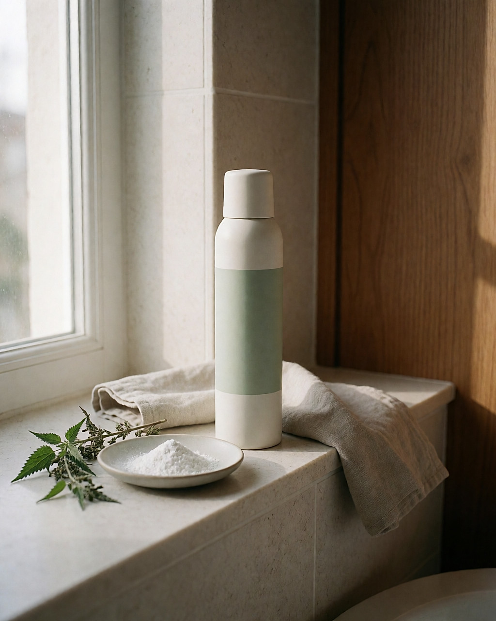 Aérosol de shampooing sec blanc et vert posé sur une étagère de pierre, près d'une poudre blanche absorbante