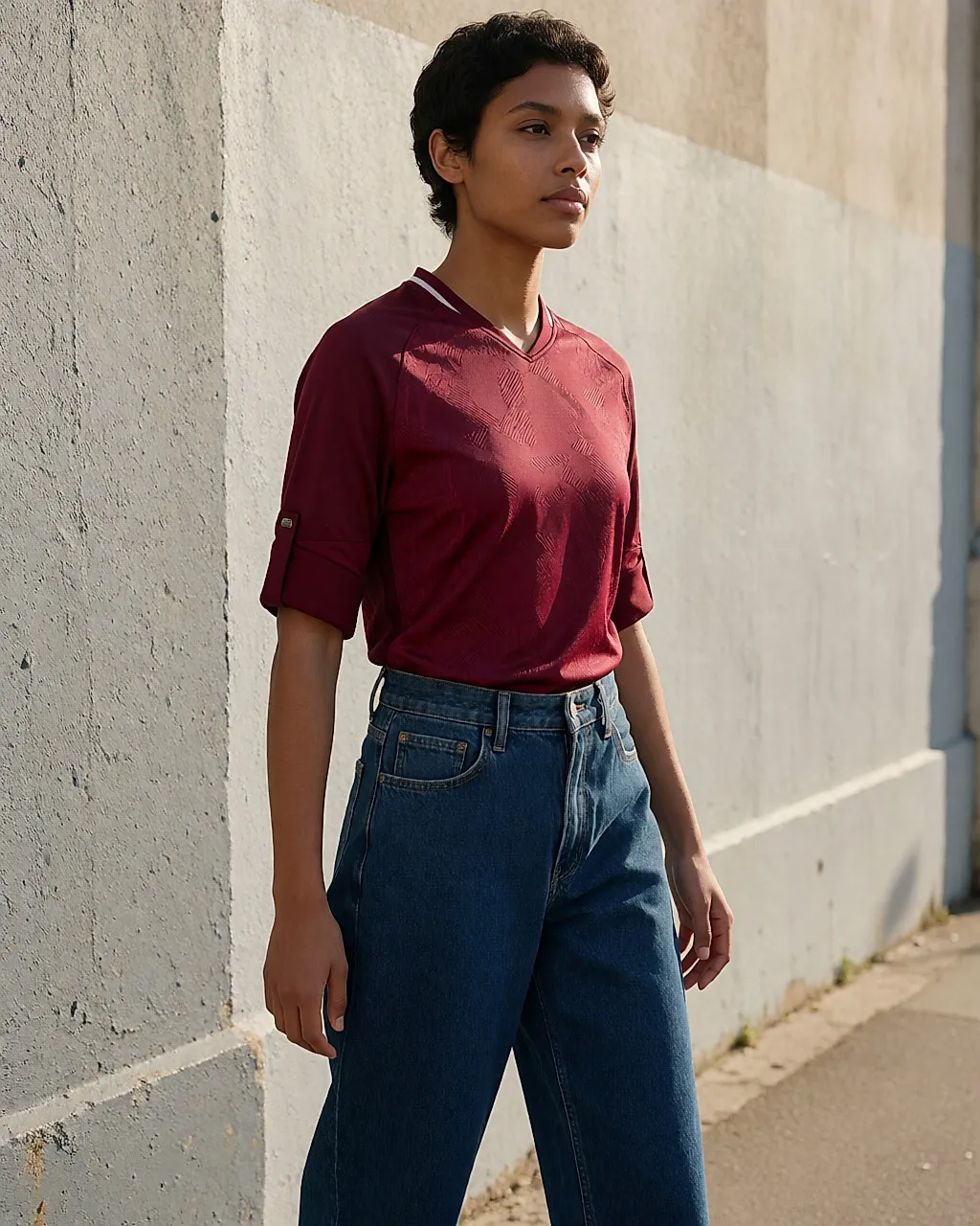 Junge Erwachsene mit funktionalem, tailliertem Trikot, Ärmel hochgekrempelt, dazu eine Rohjeans