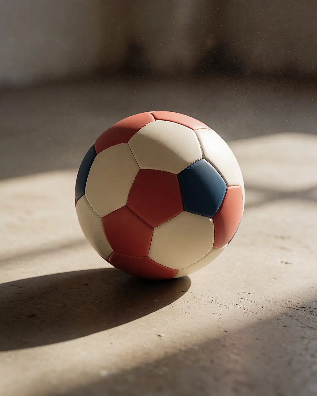 Nahaufnahme eines Spielballs mit thermisch verschweißten Panels auf sonnigem Betonboden