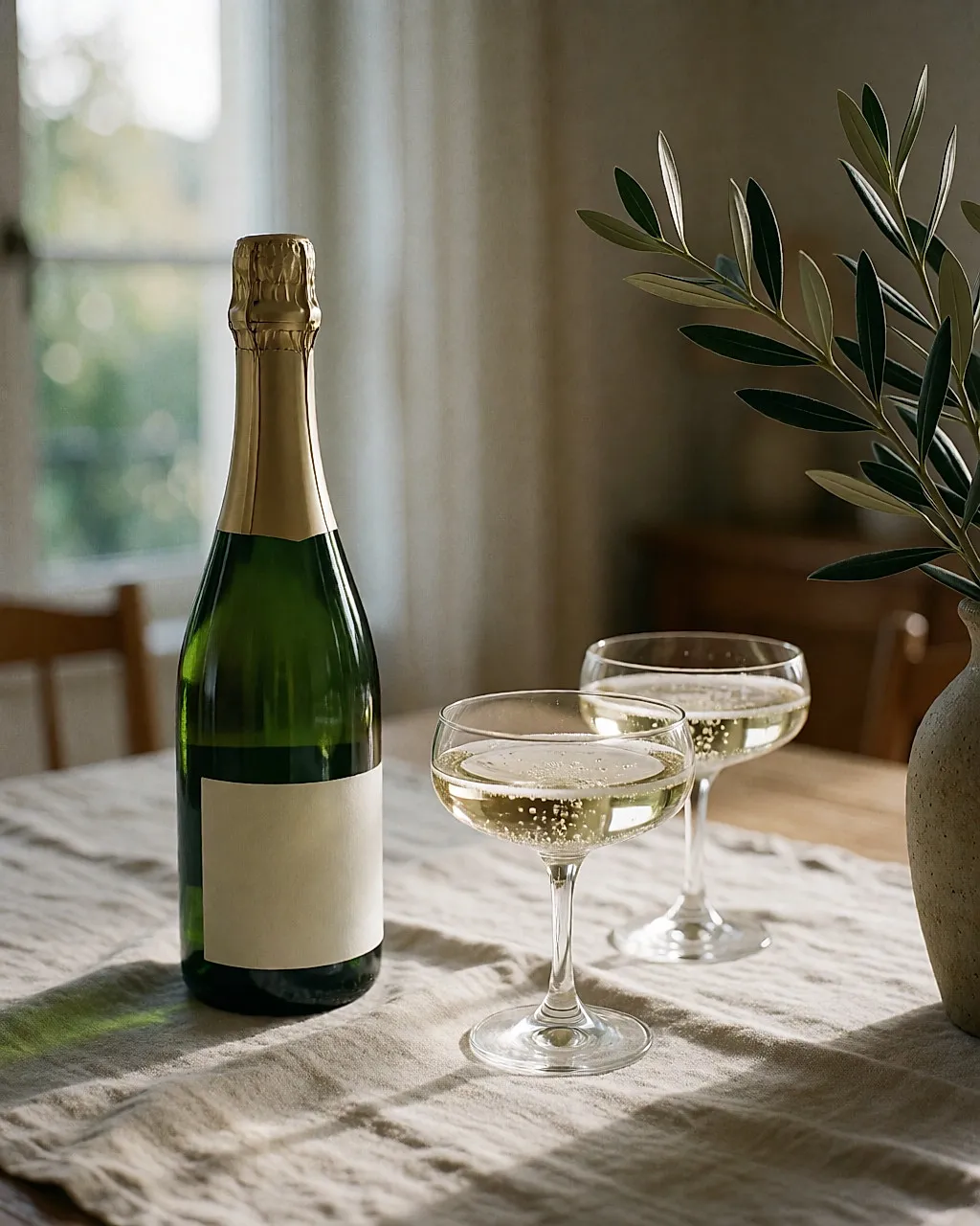 Flasche mit leichtem Glas und zwei Sektgläser auf einer Leinentischdecke, Abendlicht