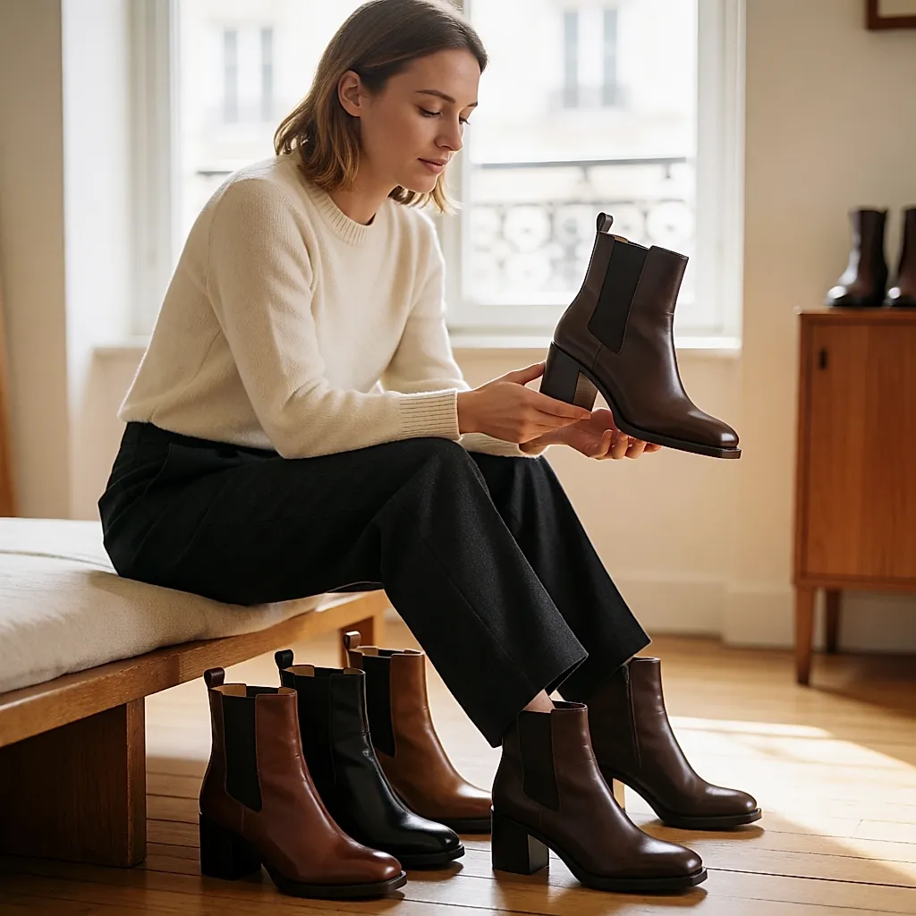 Dans un atelier, une femme compare plusieurs bottines en cuir aux talons de formes différentes