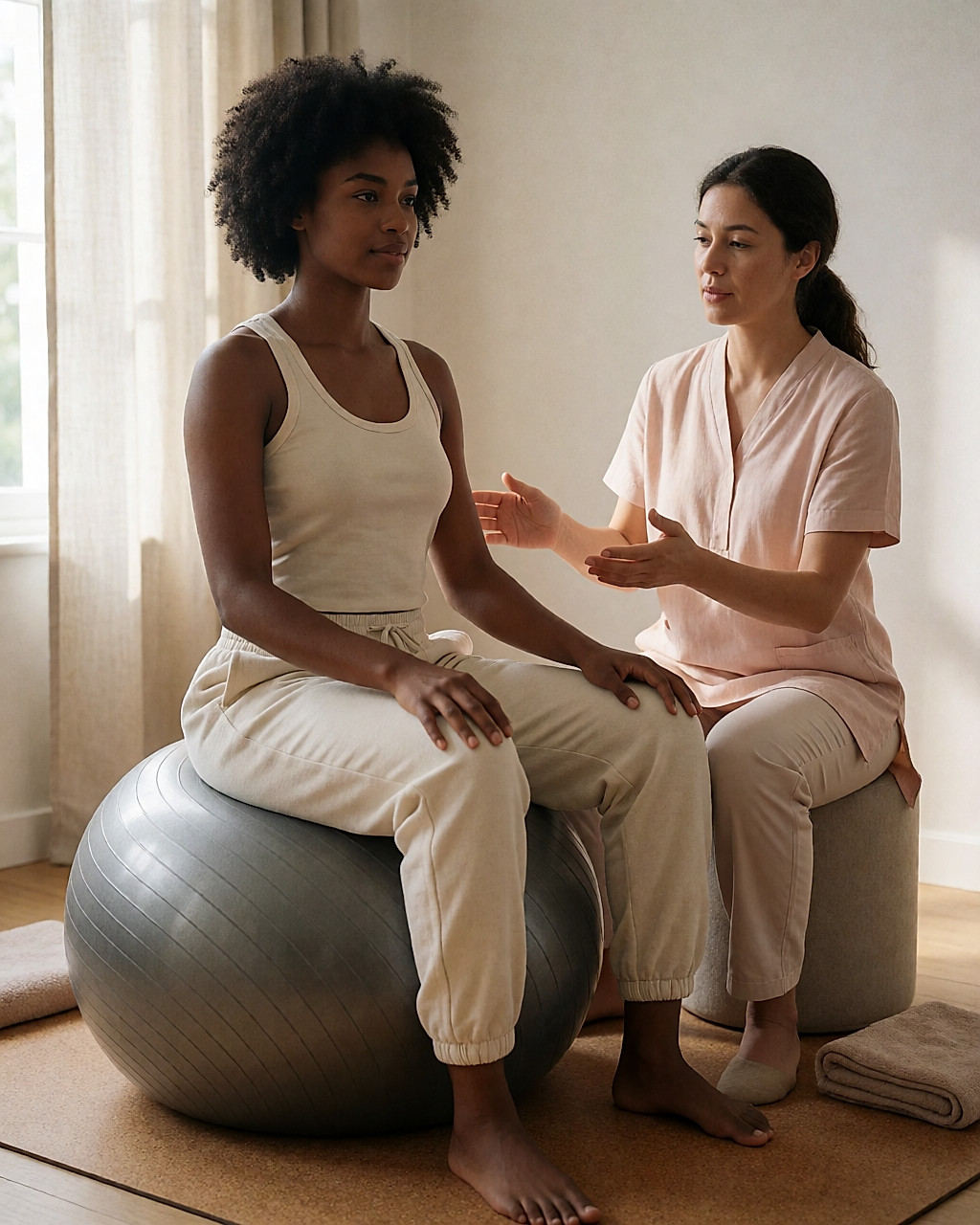 Jeune femme assise sur un ballon de gym, mains sur les côtes, guidée par une kinésithérapeute