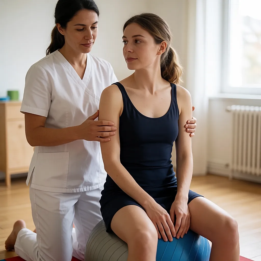 Junge Frau auf einem Gymnastikball, Hände an den Rippen, von einer Physiotherapeutin angeleitet