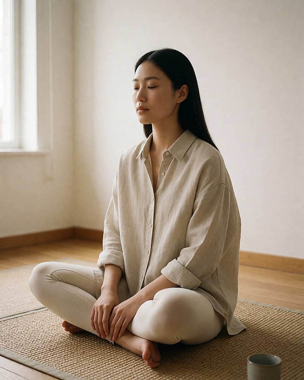 Jeune femme assise en tailleur, mains posées sur les côtes, yeux fermés, respirant lentement