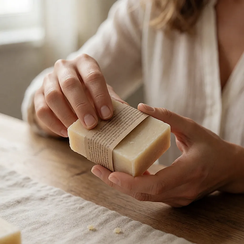 Mains retournant un pain de savon pour lire la mention de surgraissage imprimée sur sa bande de papier