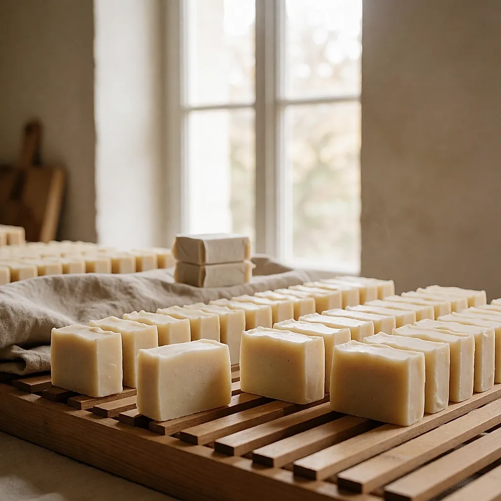 Pains de savon à froid en train de sécher sur une grille en bois dans un atelier