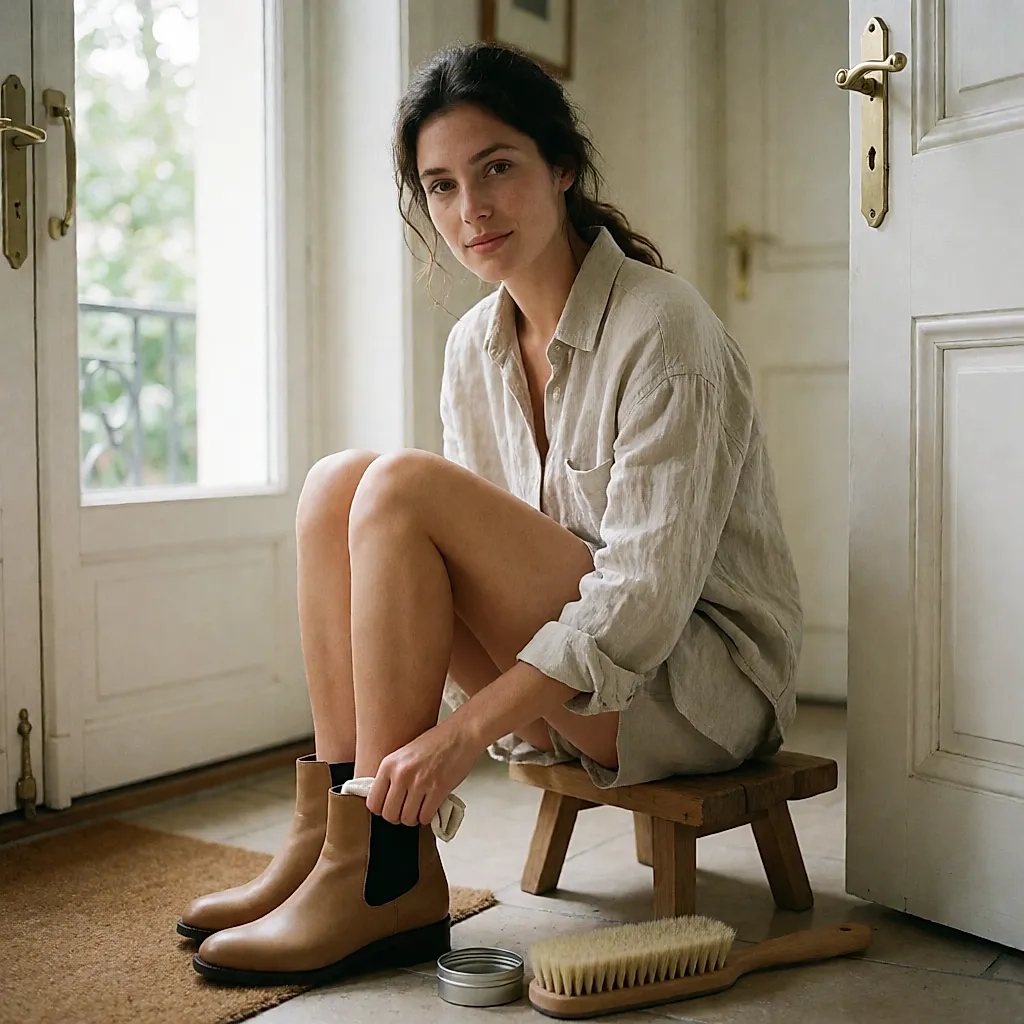 Une femme applique une fine couche de graisse sur une bottine en cuir avec un chiffon