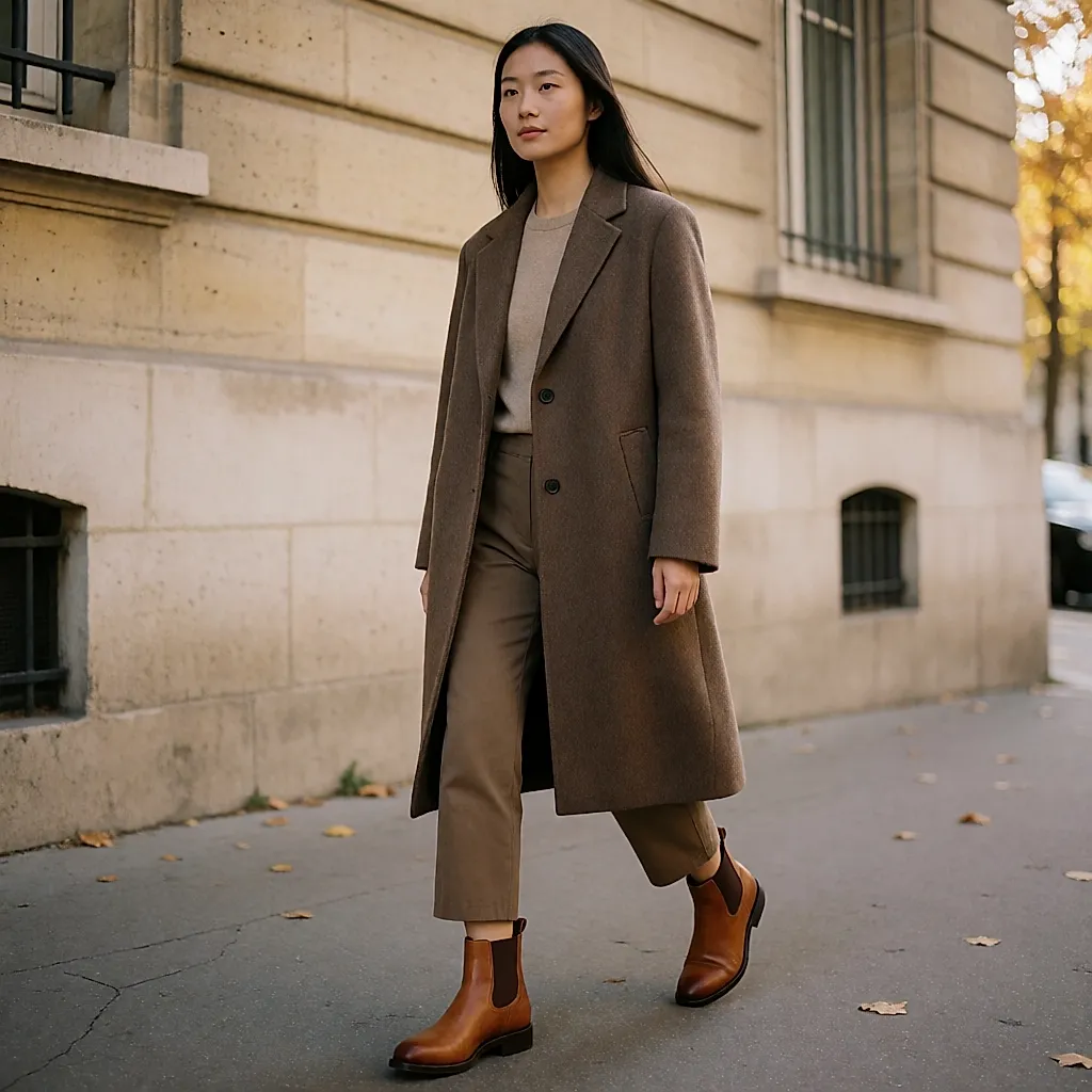 Des bottines en cuir patinées aux plis, portées dans la rue après plusieurs saisons