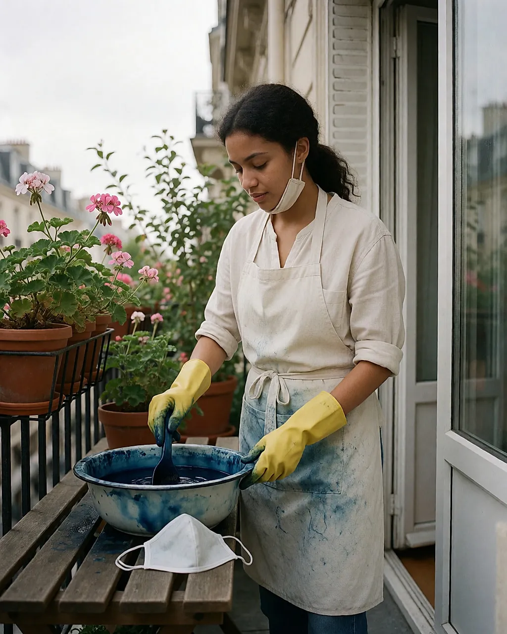 Mujer joven con guantes preparando el tinte en un balcón, con la mascarilla junto a ella