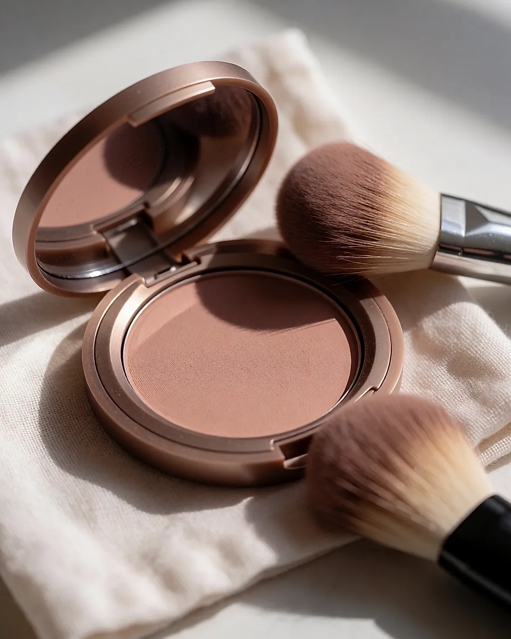Um blush em pó prensado na sua embalagem, superfície acetinada e pincel macio ao lado