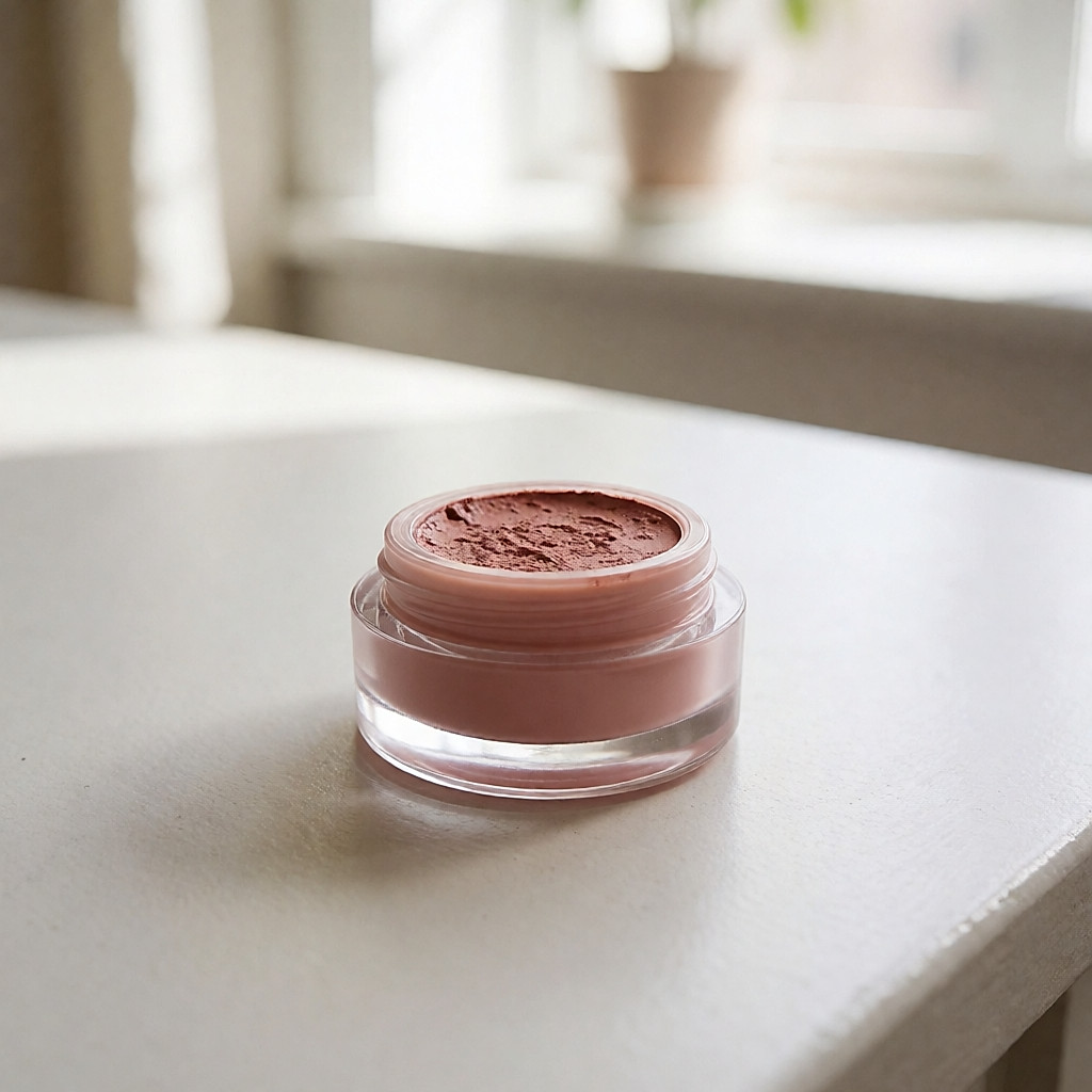 Um blush creme aberto, textura fundente marcada por uma dedada