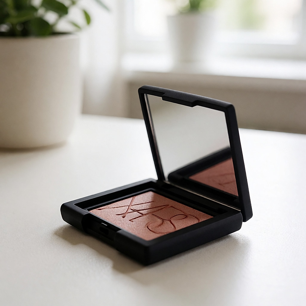 O blush em pó Nars no seu estojo preto mate, pigmento denso