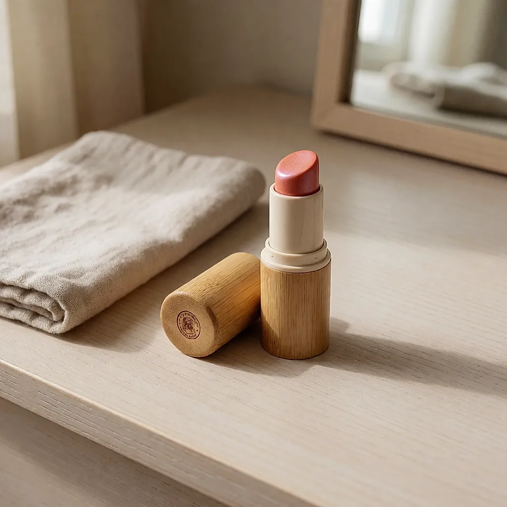 Un blush crème en étui de bambou rechargeable, teinte corail irisé, posé sur un meuble en bois