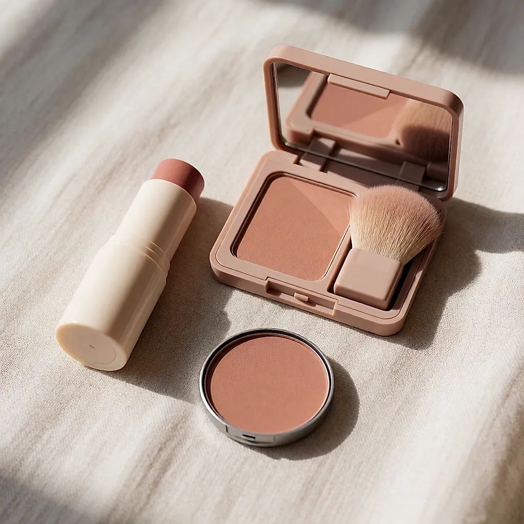 Trois formats de blush, stick crème, poudre pressée et recharge, posés sur du lin clair