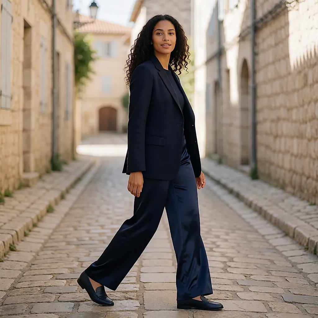 Un blazer de laine structuré et un pantalon satiné fluide avancent dans la rue