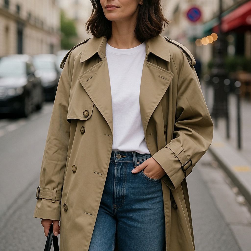 Eine Frau im oversize khakifarbenen Trenchcoat, offen über Strick und Jeans getragen, auf der Straße