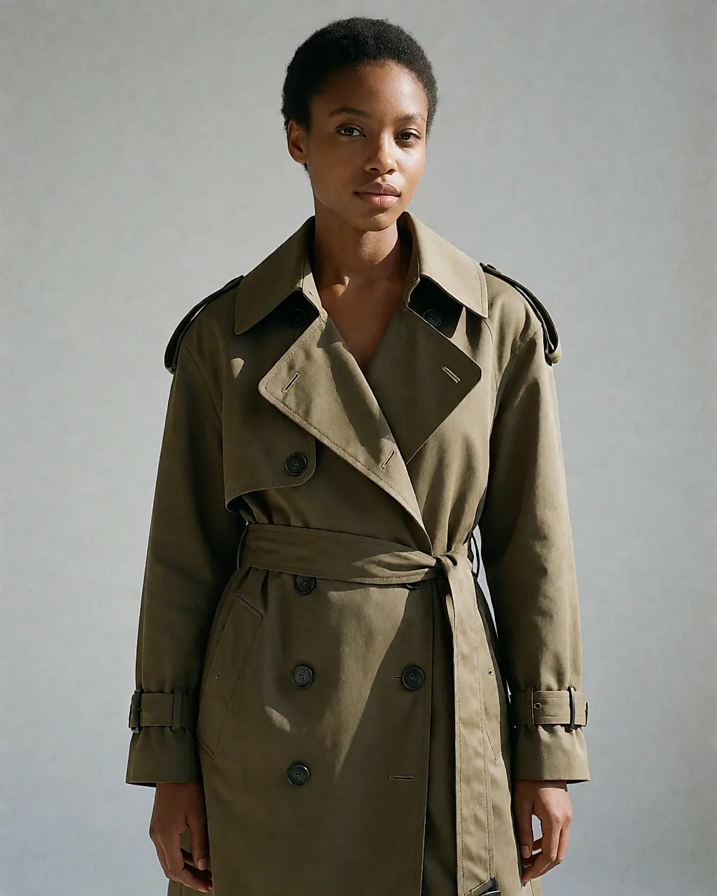 Ein moderner Trenchcoat mit architektonischem Schnitt, strukturierten Schultern und drapiertem Kragen