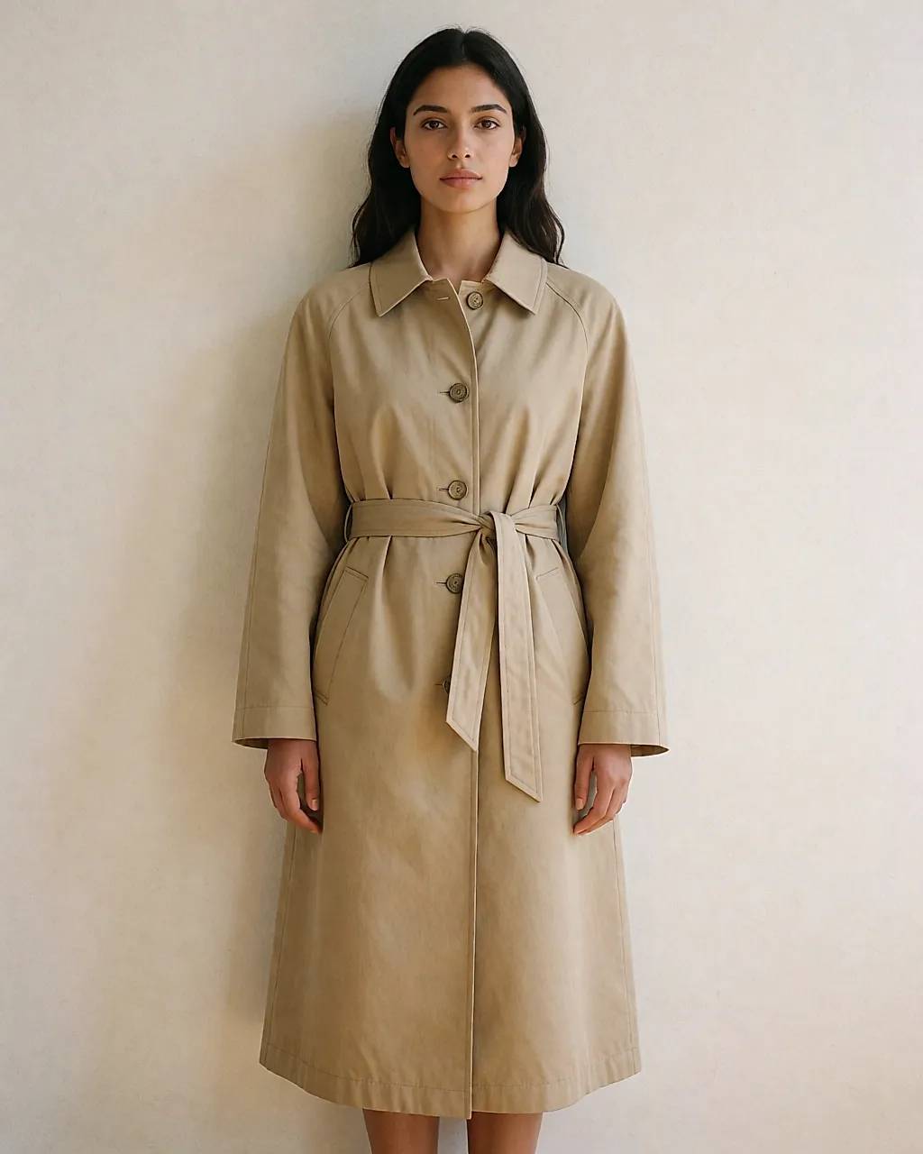 Silhouette eines wadenlangen Trenchcoats, gegürtet, Schultern und Armloch gut sichtbar