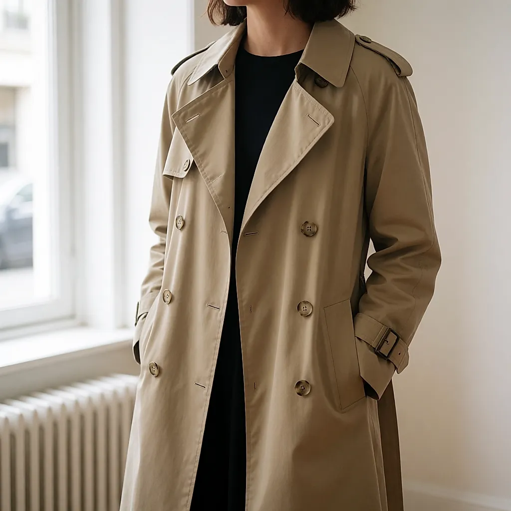 Ein klassischer gegürteter Trenchcoat in Wadenlänge, getragen in einer Einkaufsstraße