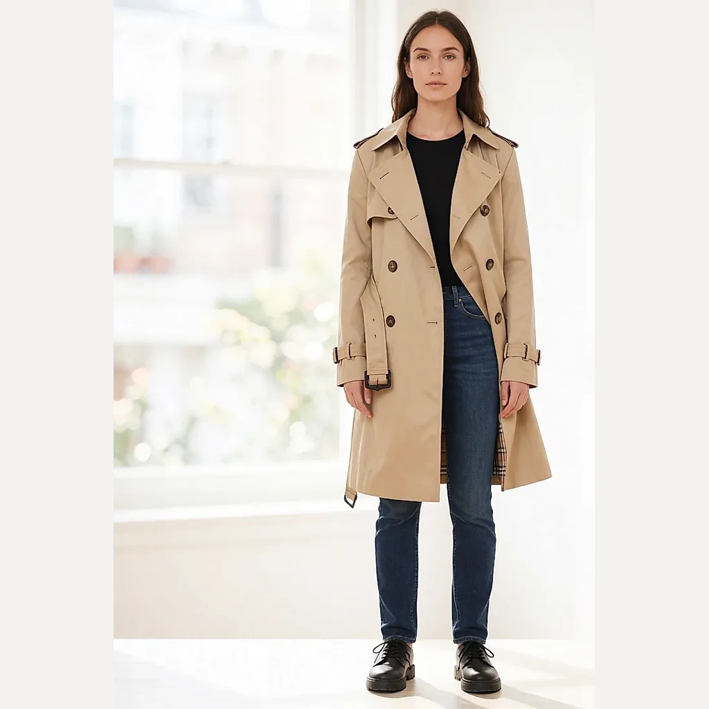Produktfoto inspiriert vom halblangen Kensington Trenchcoat aus Gabardine (Beige Honey)