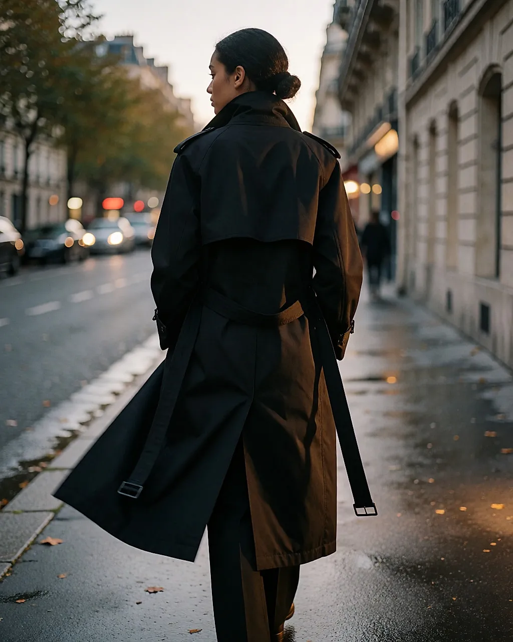 Frau von hinten in der Abenddämmerung in einem strukturierten schwarzen Trenchcoat, Krimi-Atmosphäre