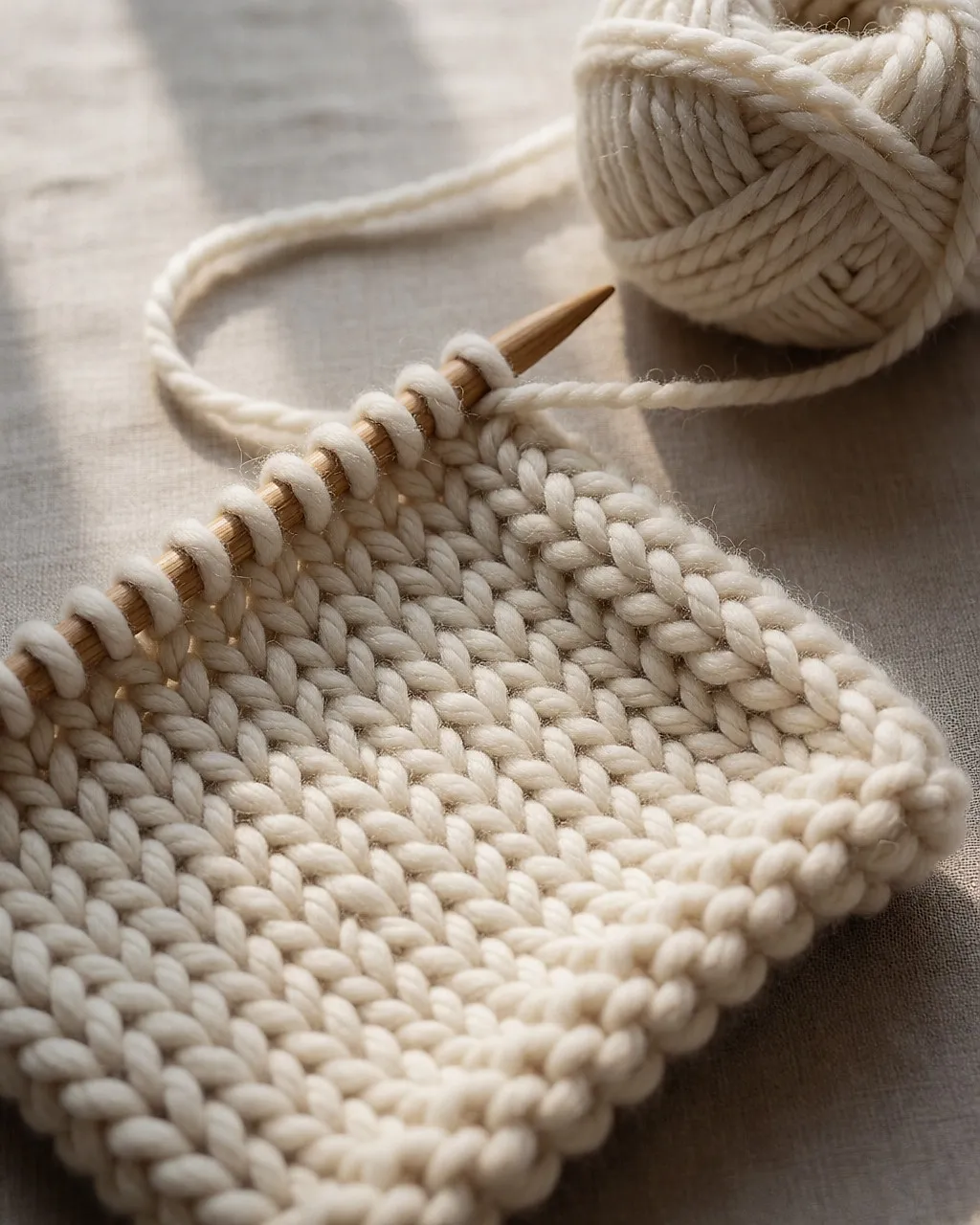 Nahaufnahme einer Rippstrickmasche aus naturfarbener Wolle und der Holzstricknadel, die sie hält