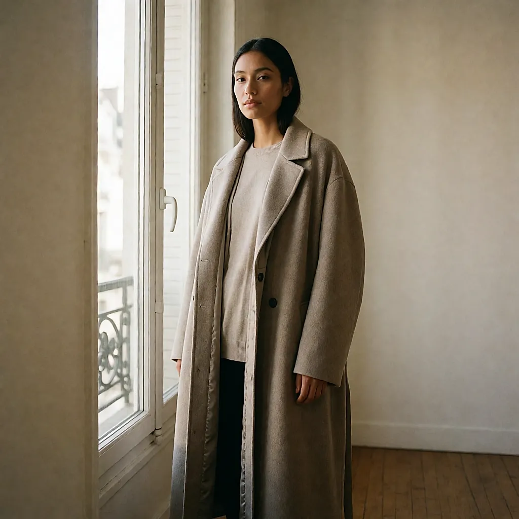 Manteau de laine oversize ouvert sur une maille fine, doublure amovible visible