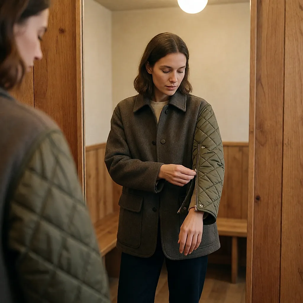 En cabine, des mains clipsent la manche amovible sur une veste en laine