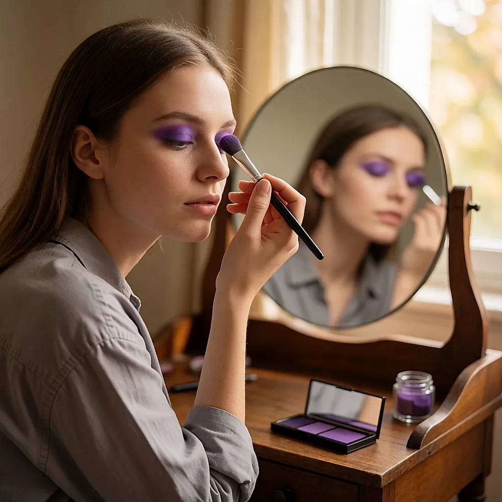 Une femme applique un fard violet sur toute sa paupière au pinceau plat, devant son miroir