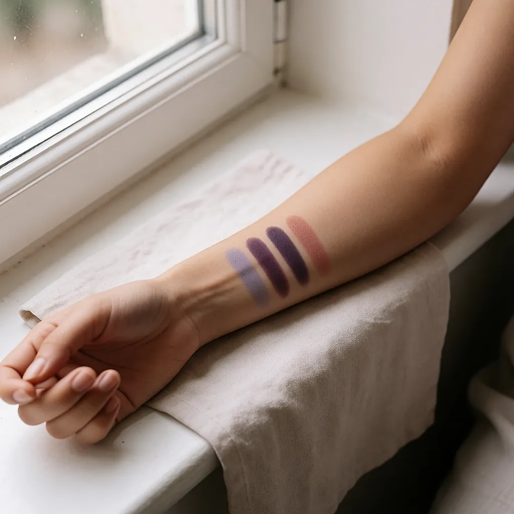 Quatre nuances de violet swatchées sur un avant-bras : lilas froid, prune, aubergine, mauve rosé