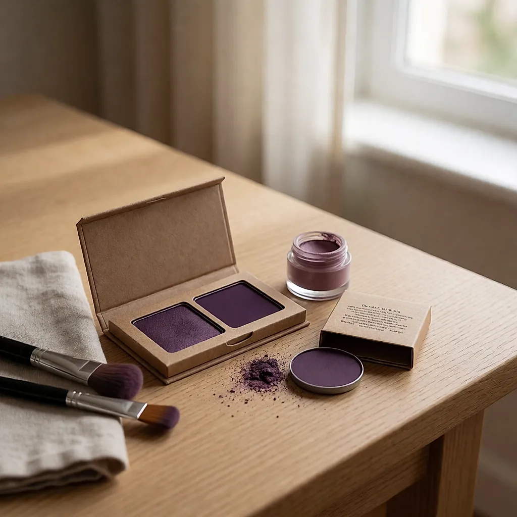 Nature morte beauté : palette rechargeable en carton, pot de crème mauve, recharges et pinceaux