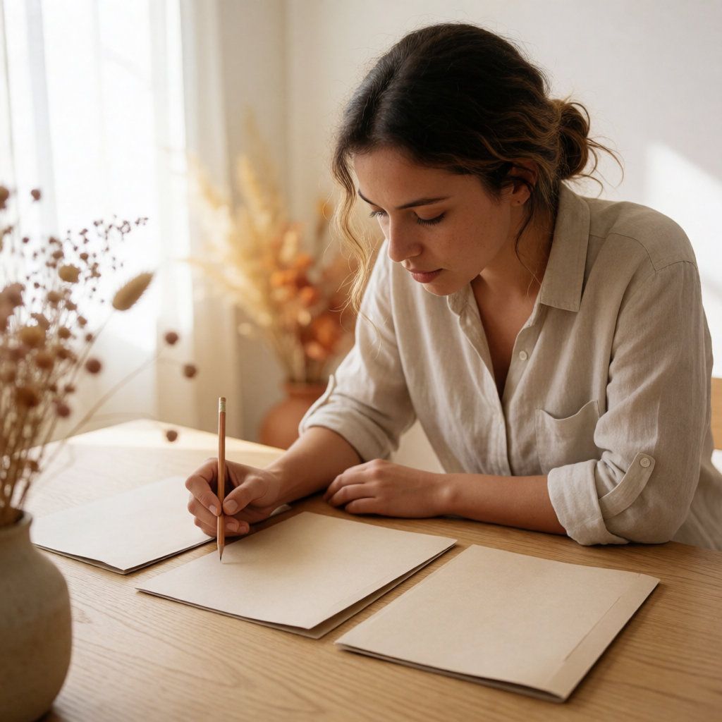 Young woman comparing three folders on a light wooden table