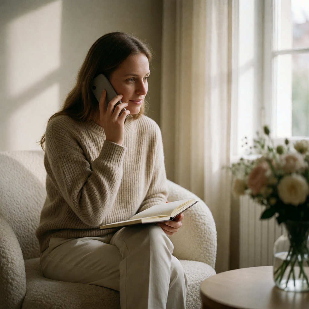 Young woman attentive on the phone, an open notebook on her lap, sitting by a window