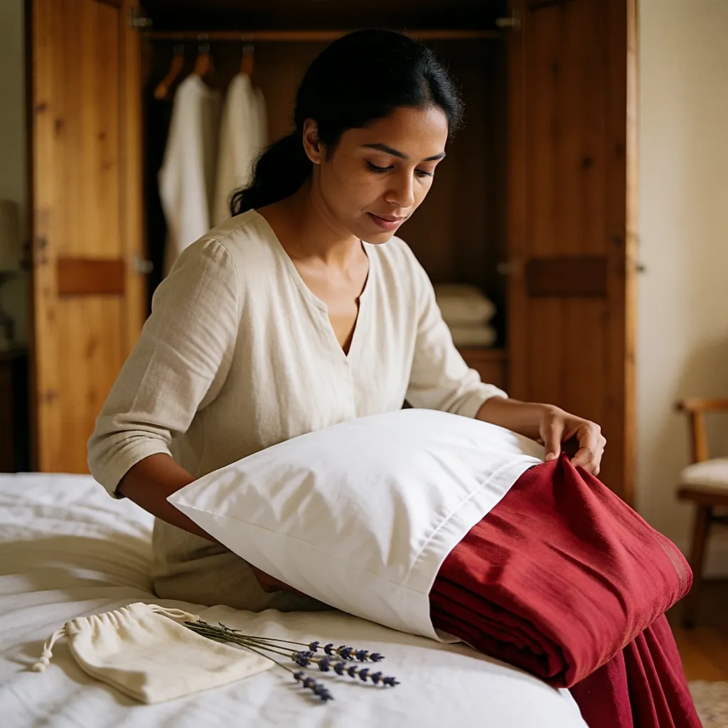 Le sari replié glissé dans une taie d'oreiller en coton, sur un lit, avant d'être rangé