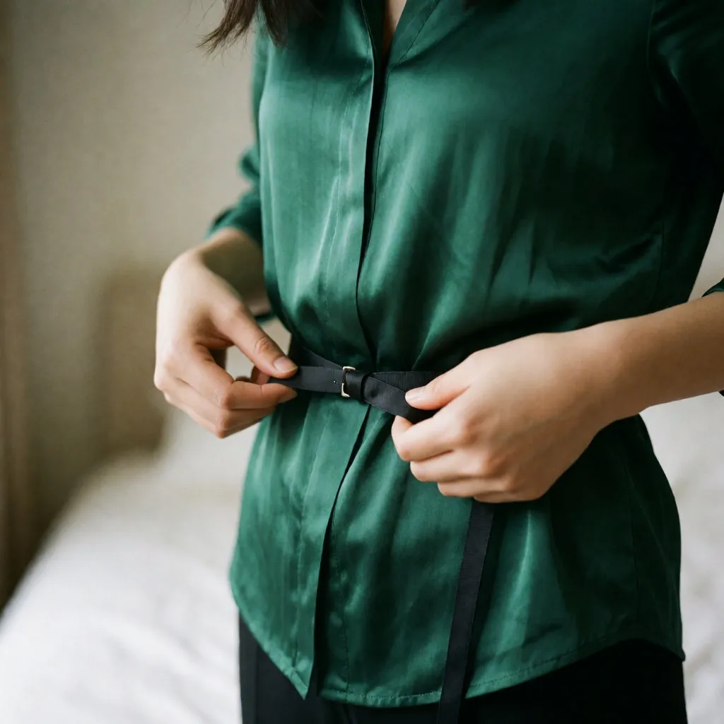 Hands adjusting a slim matt black belt at the top of an emerald green blouse