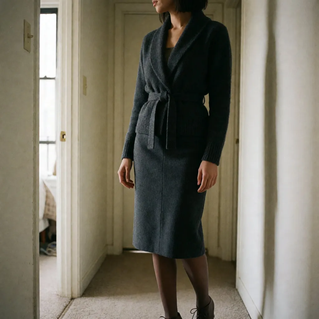 Young mixed-race woman in a wool pencil skirt and short high-belted cardigan