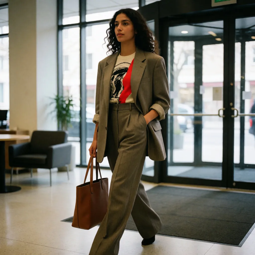 Young woman in high-waisted wide-leg trousers and an oversized borrowed jacket in a bright hall