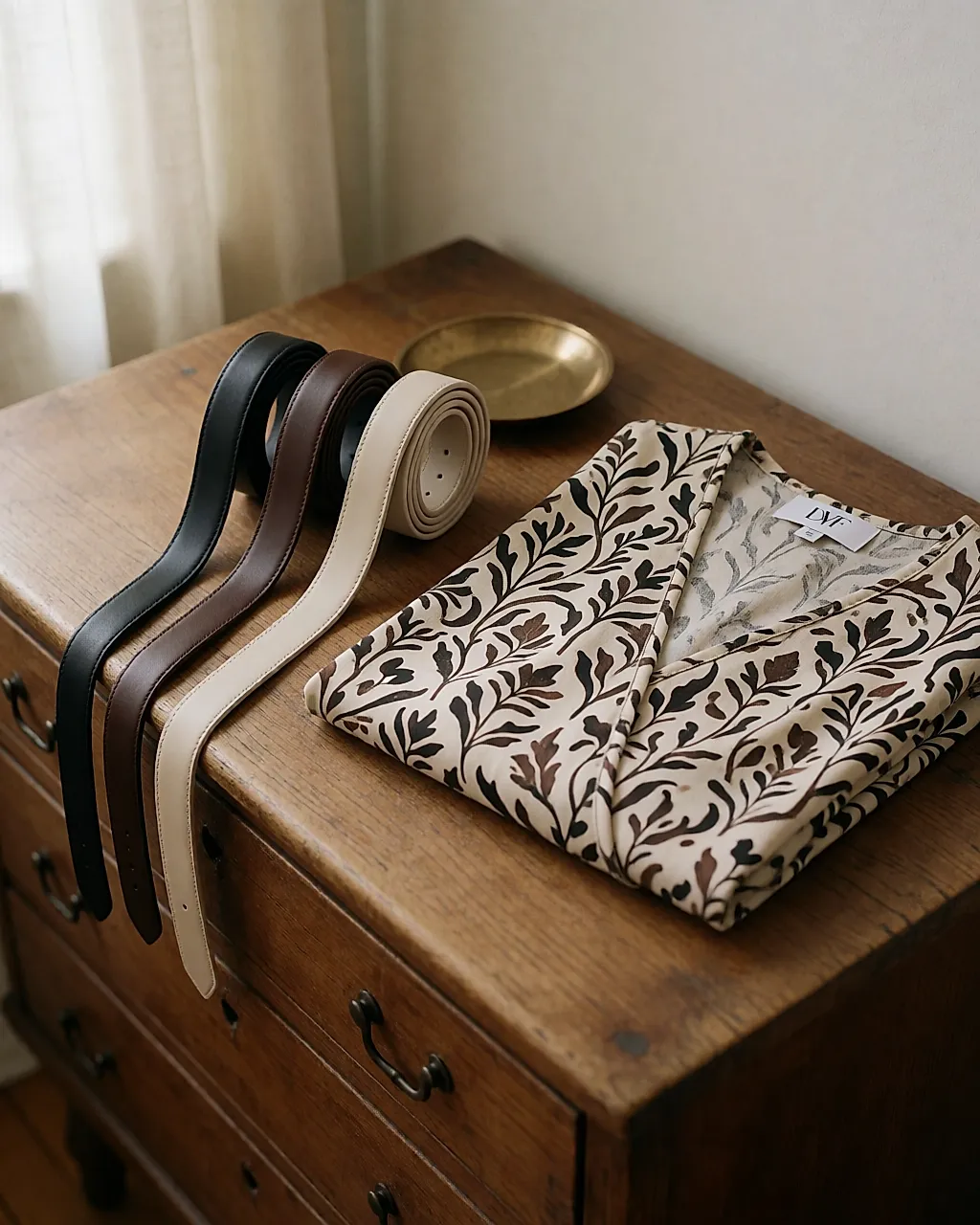 Three slim matt belts on a wooden chest of drawers