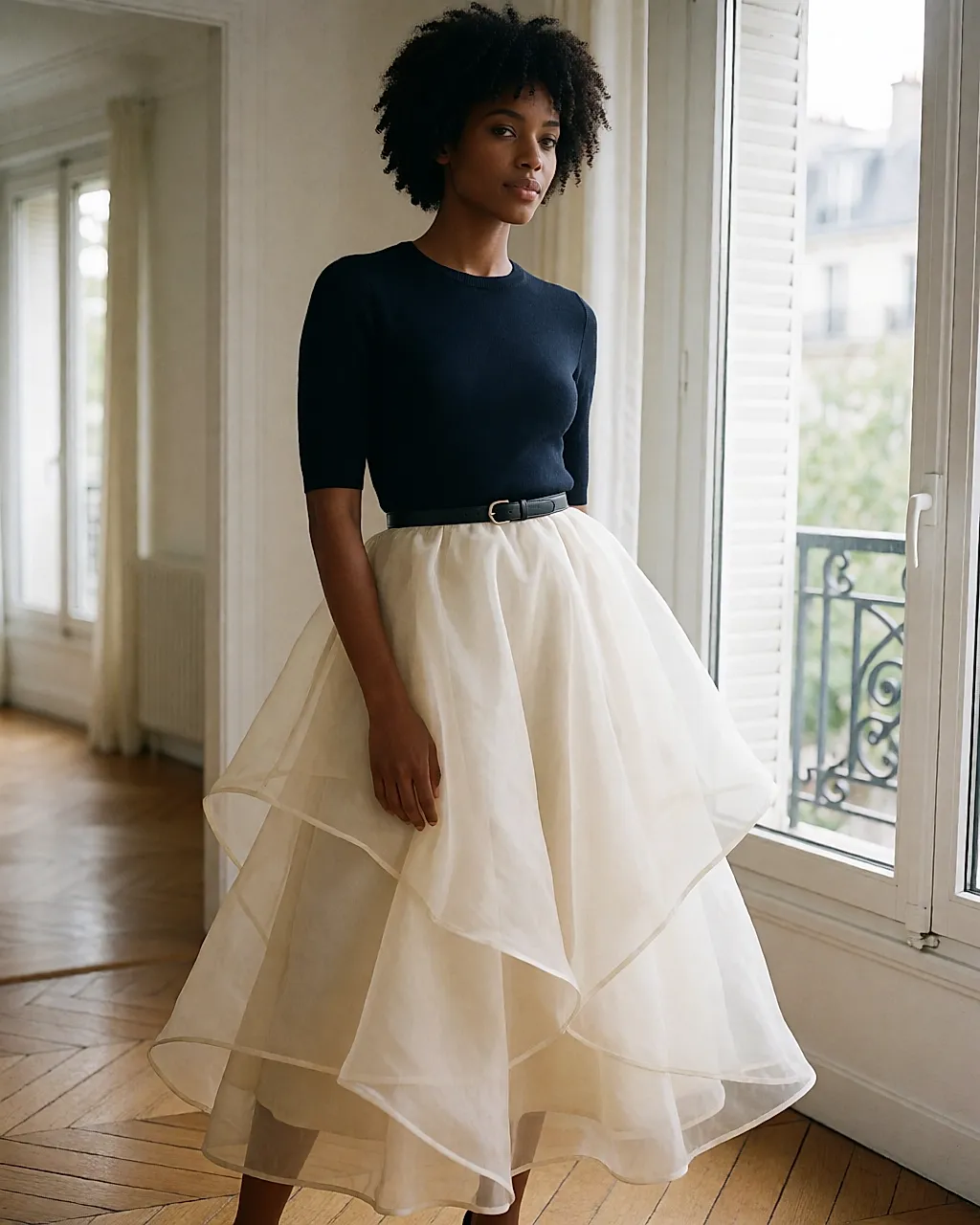 Voluminous organza skirt worn with a fitted top and high belt