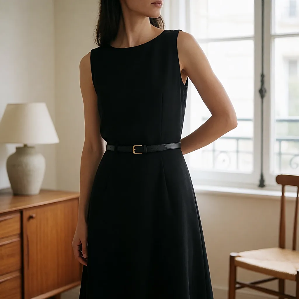 Fitted little black dress worn with a slim belt in the evening