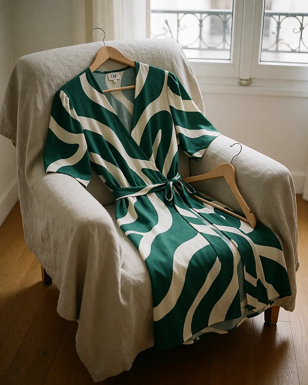 Printed DVF wrap dress folded on an armchair, sewn-in label visible