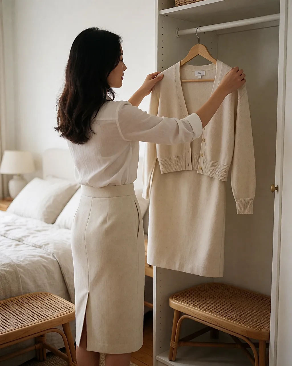Woman taking a wool pencil skirt out of a wardrobe in the morning