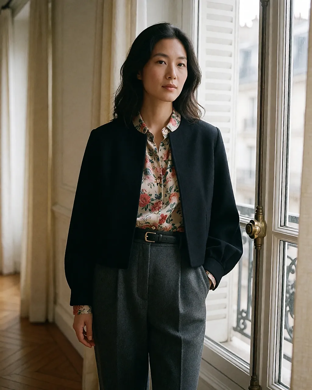 Short DVF jacket with puffed sleeves worn over a fluid blouse
