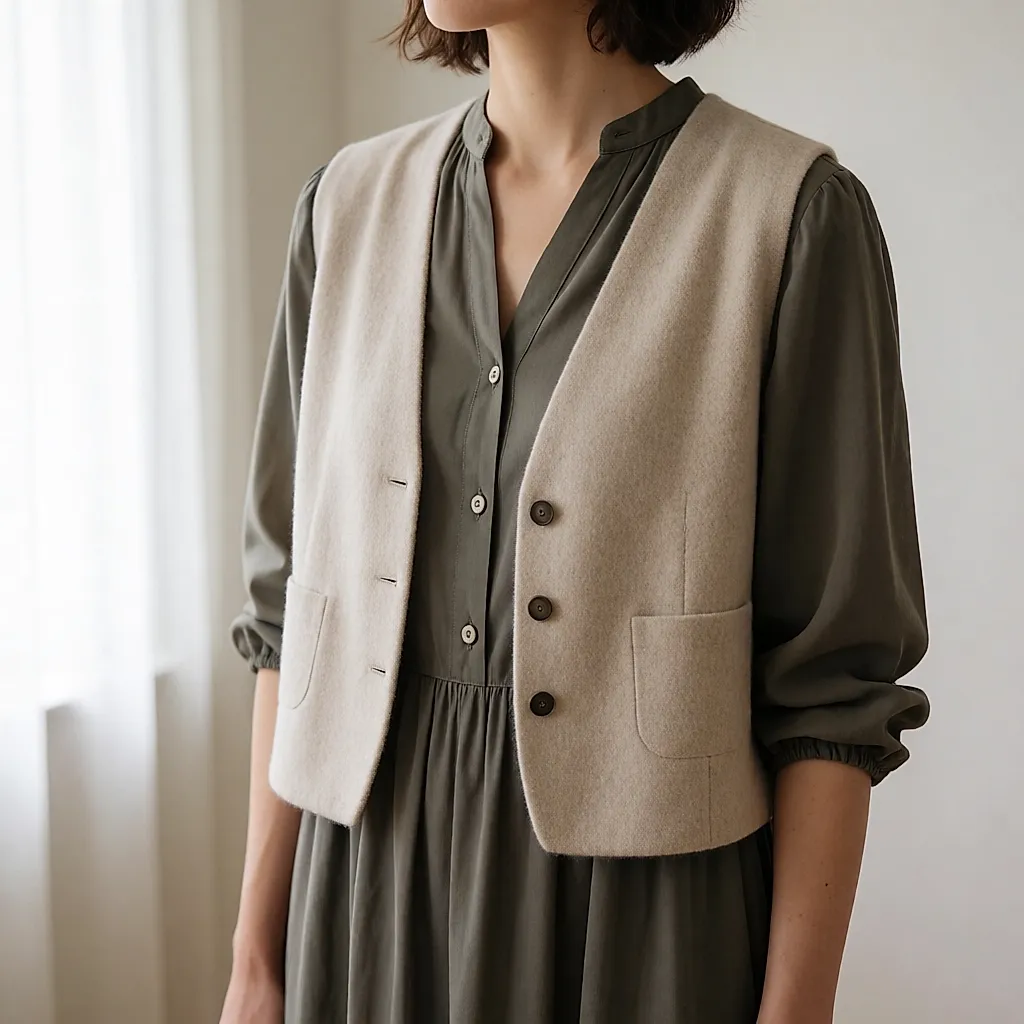 Close-up of a fluid blouse draping under a short wool jacket