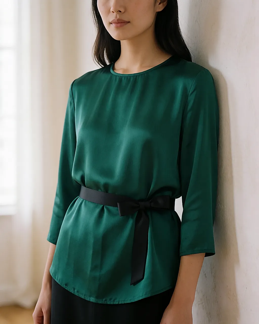 Slim matt black belt worn high over an emerald silk blouse