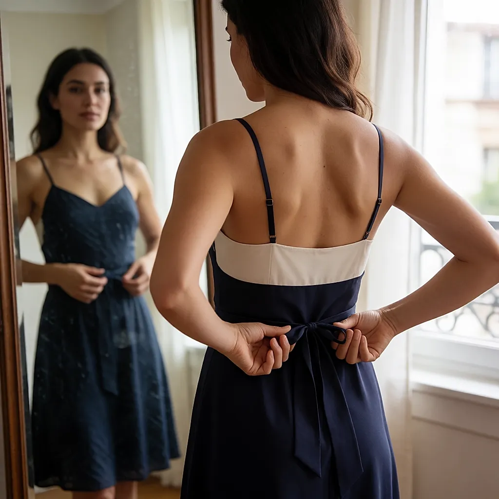 Woman seen from behind in a mirror, adjusting the high belt of her wrap dress