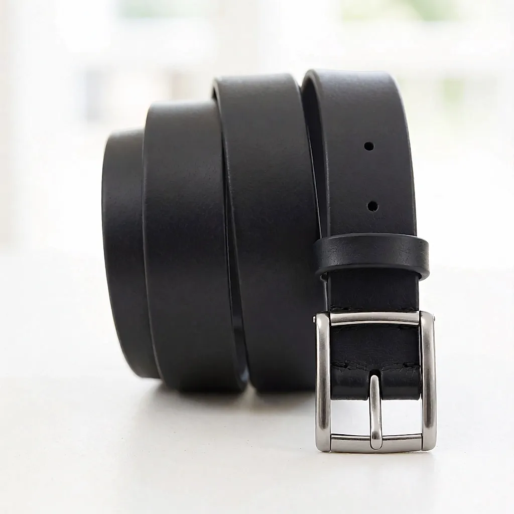 Product-style image inspired by the Ceinture Fine Noire Femme — Cuir Véritable (2.4 cm wide, smooth buckle)