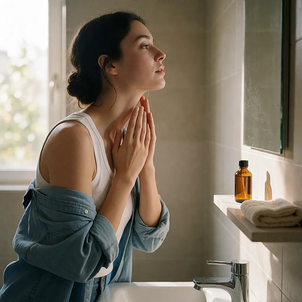 Une jeune femme applique de la crème sur son cou devant le miroir de sa salle de bain